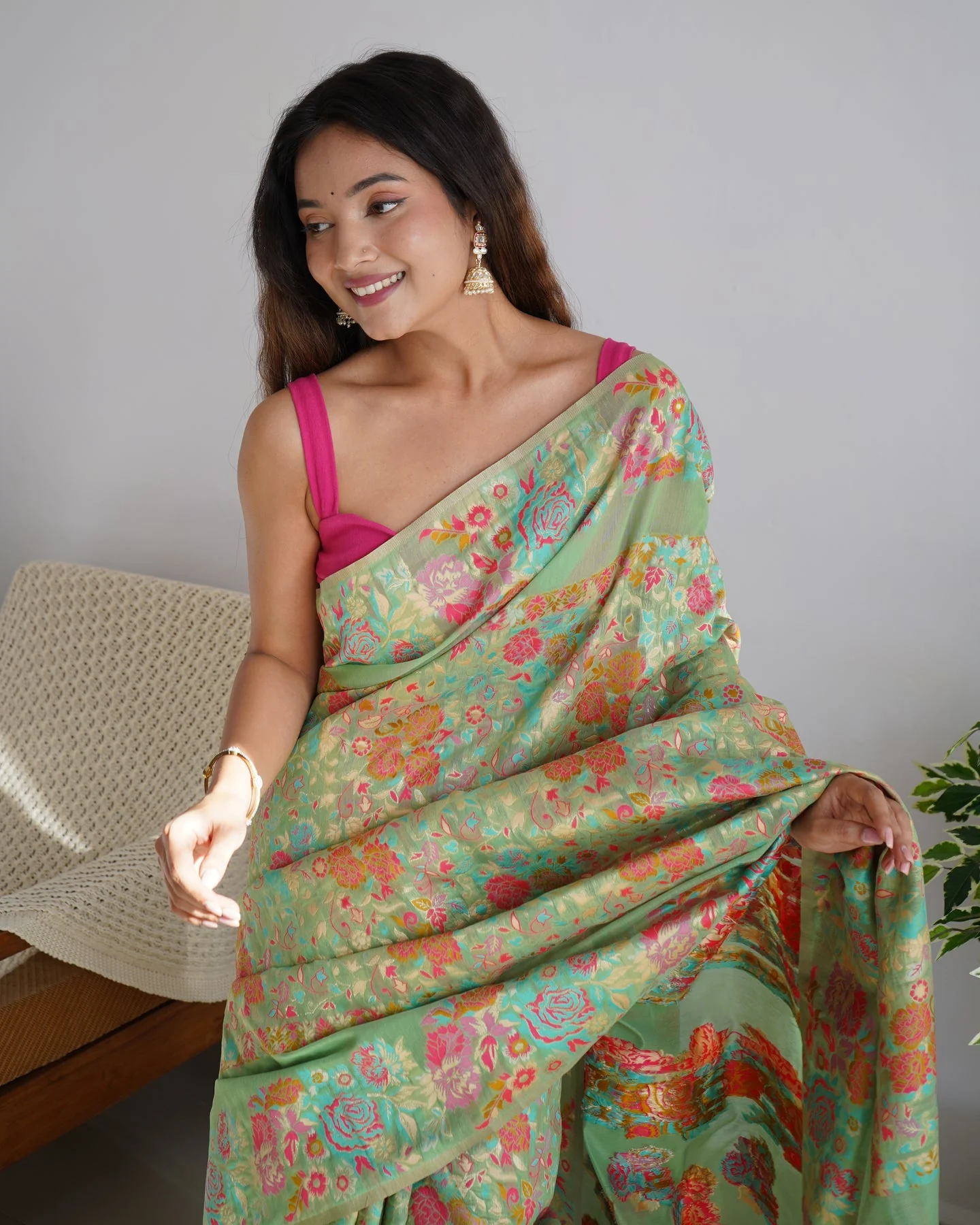 Charming Pista Pashmina saree With Breathtaking Blouse Piece - Image 4