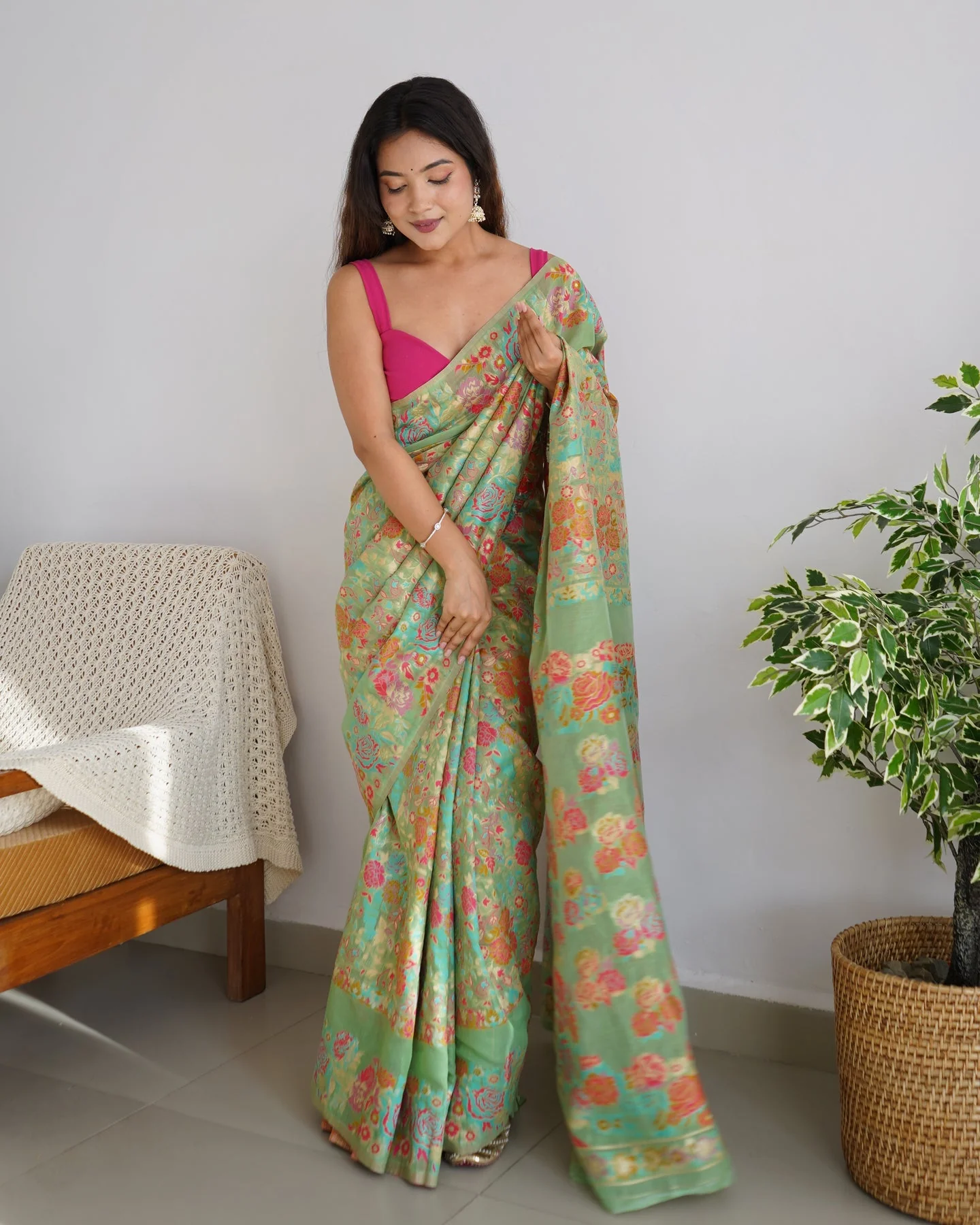 Charming Pista Pashmina saree With Breathtaking Blouse Piece - Image 5