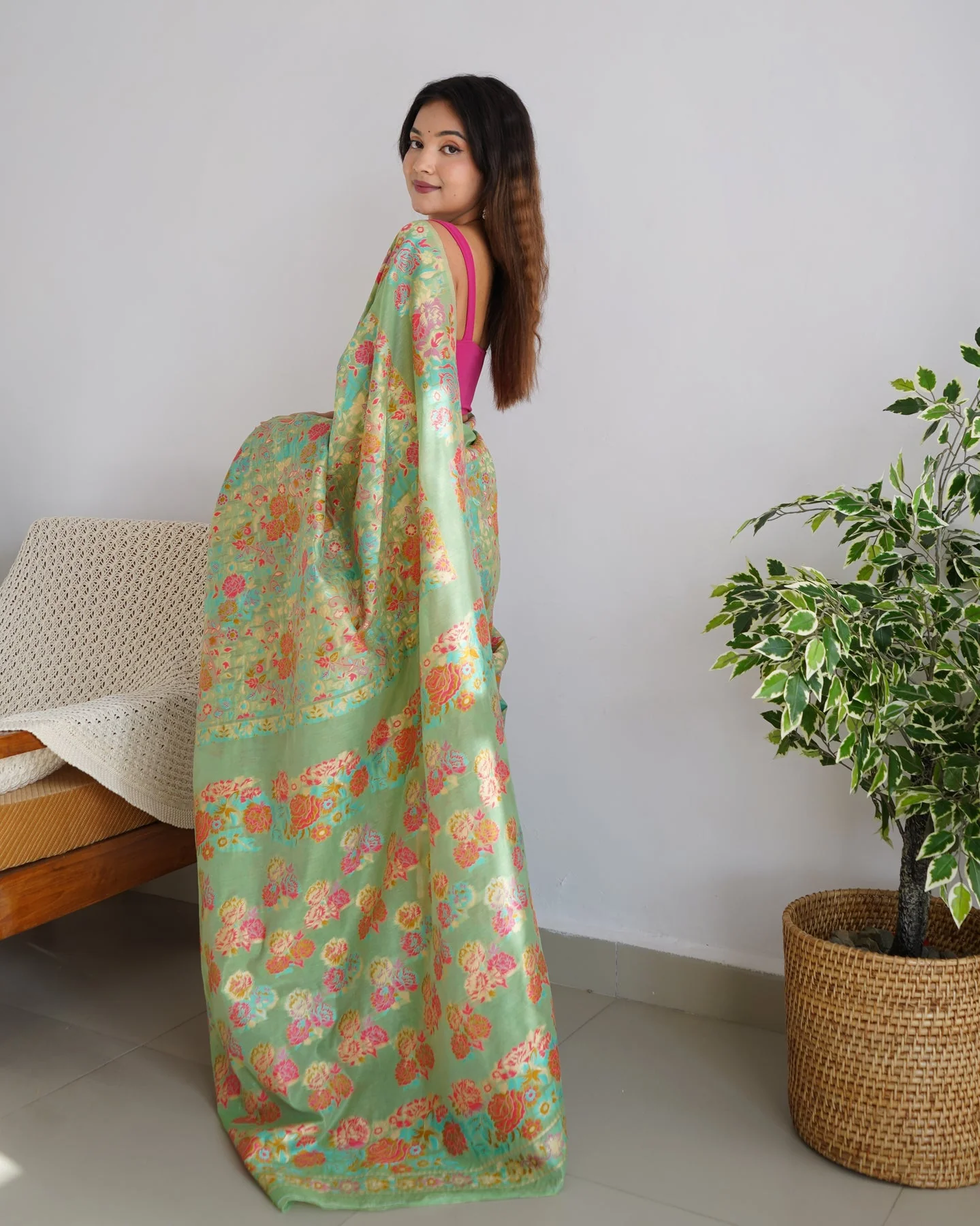 Charming Pista Pashmina saree With Breathtaking Blouse Piece - Image 6
