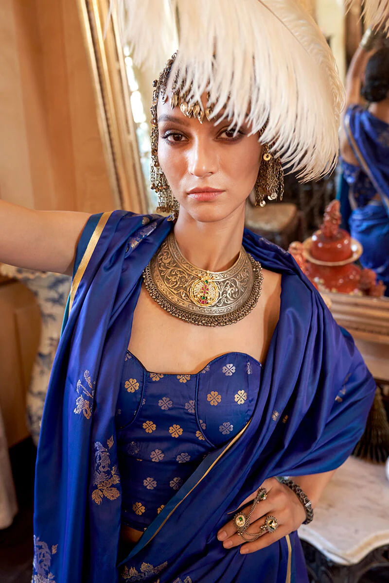 Charming Royal Blue Banarasi Satin Silk Saree With Adorning Blouse - Image 3