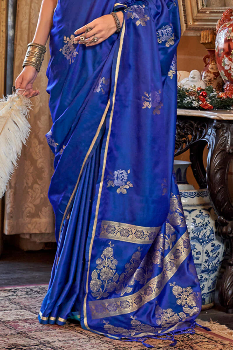 Charming Royal Blue Banarasi Satin Silk Saree With Adorning Blouse - Image 4