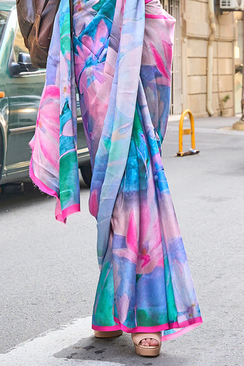 Charming Sky Digital Printed Satin Silk Saree With Girlish Blouse Piece - Image 3