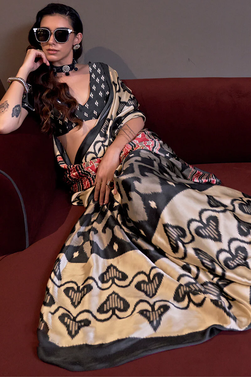 Chatoyant Beige and Black Digital Printed Satin Silk Saree With Comely Blouse Piece - Image 2