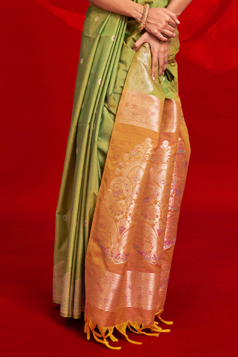 Chatoyant Green Soft Banarasi Silk Saree With Gossamer Blouse Piece - Image 3