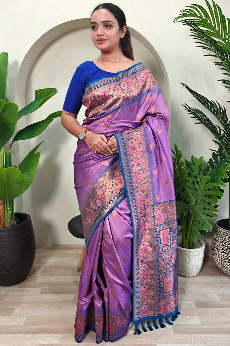 Chatoyant Lavender Soft Banarasi Silk Saree With Resonant Blouse Piece