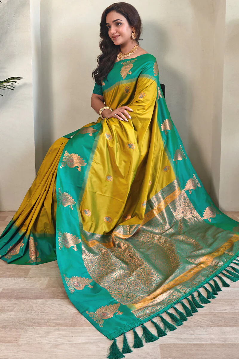Chatoyant Mustard Soft Banarasi Silk Saree With Splendorous Blouse Piece - Image 2
