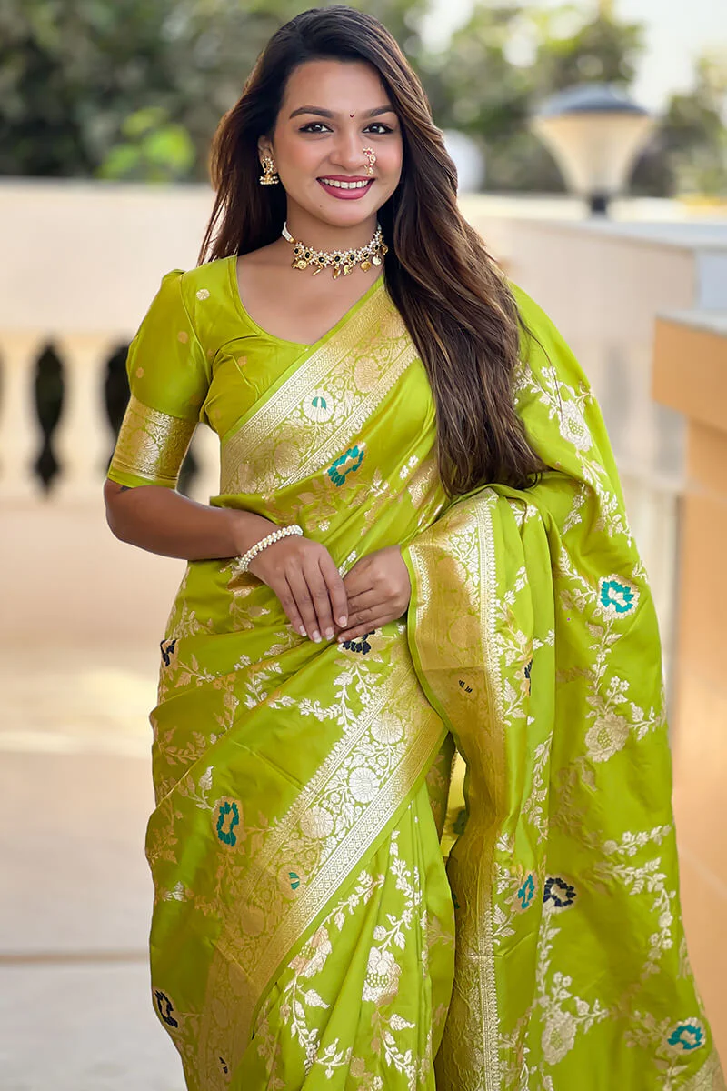 Chatoyant Parrot Soft Banarasi Silk Saree With Fragrant Blouse Piece - Image 2