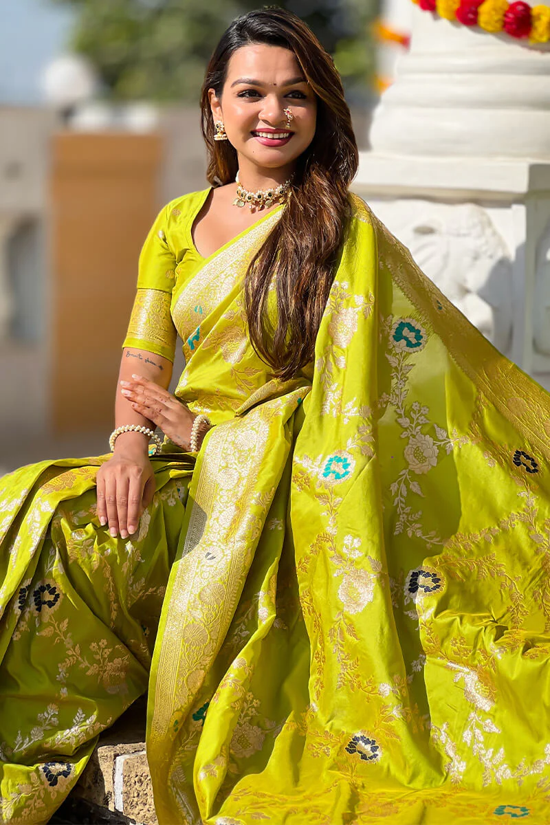 Chatoyant Parrot Soft Banarasi Silk Saree With Fragrant Blouse Piece - Image 3