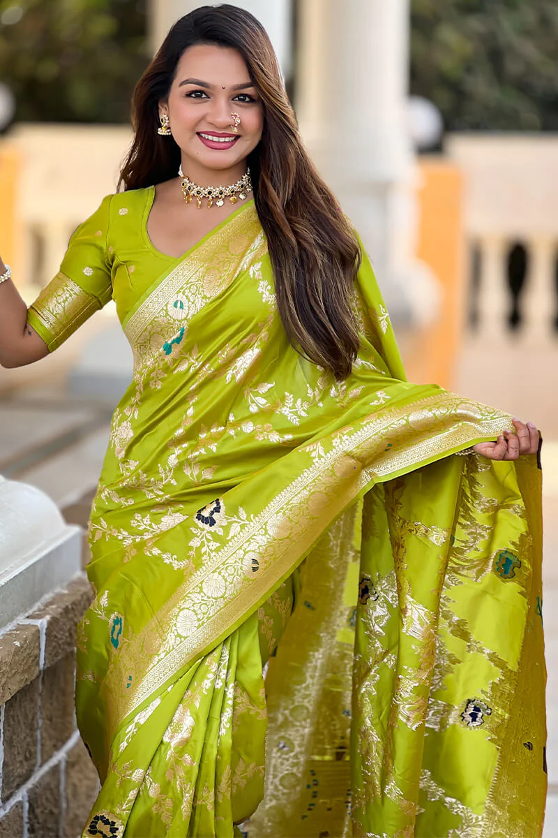 Chatoyant Parrot Soft Banarasi Silk Saree With Fragrant Blouse Piece - Image 4
