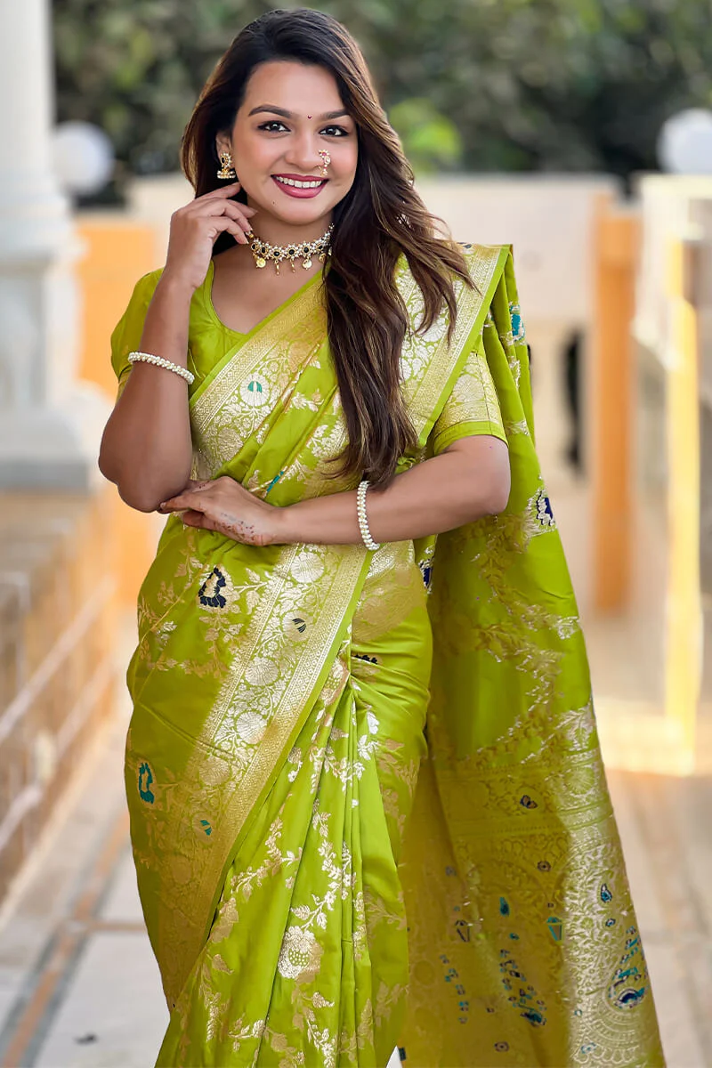 Chatoyant Parrot Soft Banarasi Silk Saree With Fragrant Blouse Piece - Image 5