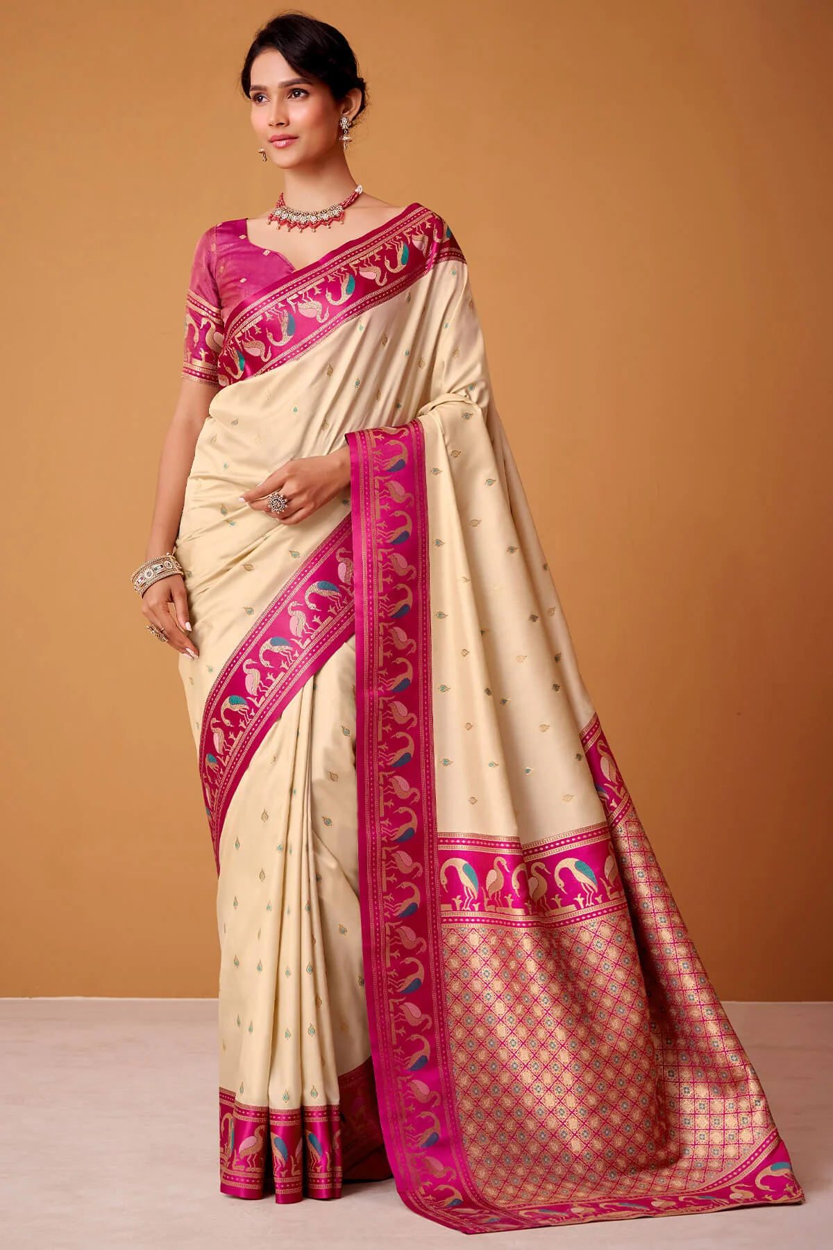 Classic Beige Banarasi Satin Silk Saree With Captivating Blouse