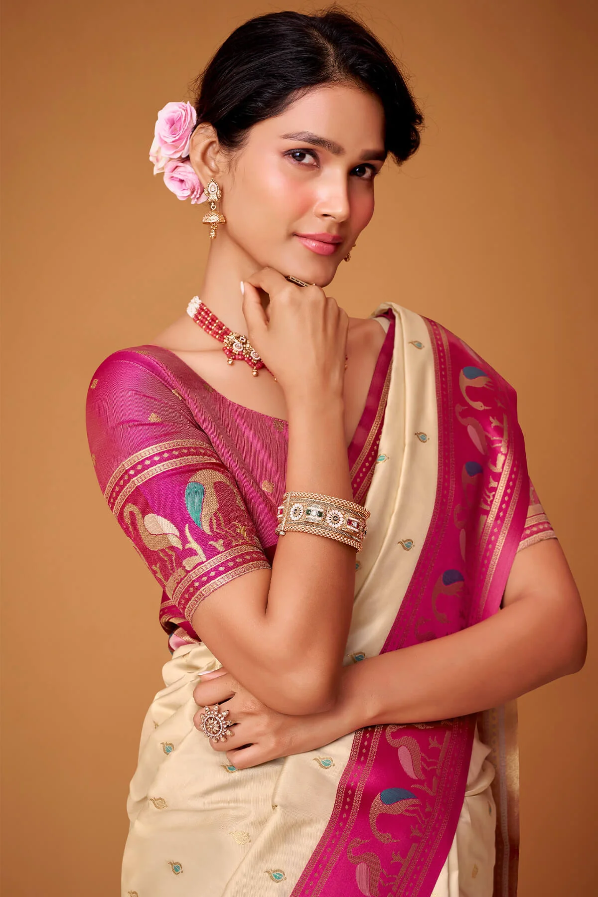 Classic Beige Banarasi Satin Silk Saree With Captivating Blouse - Image 2