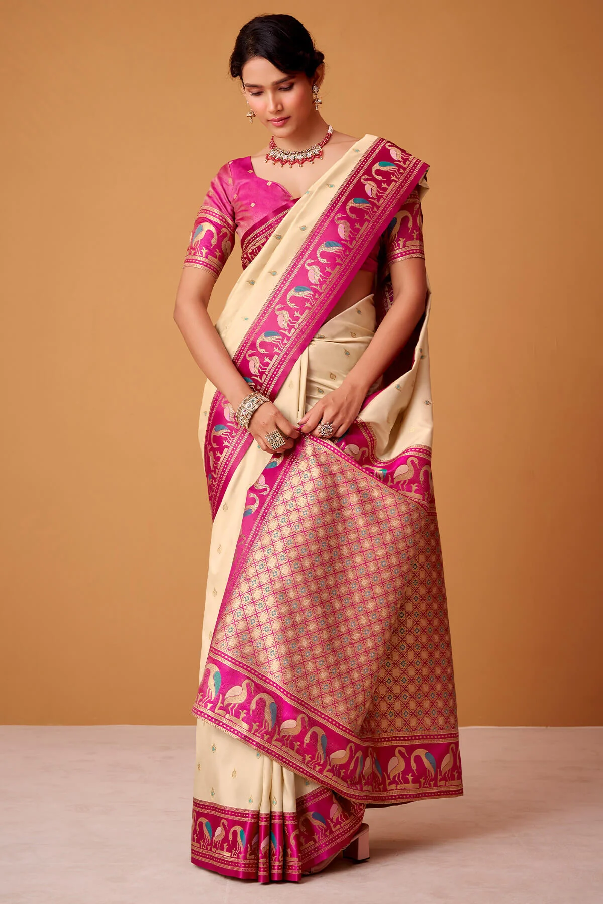 Classic Beige Banarasi Satin Silk Saree With Captivating Blouse - Image 3