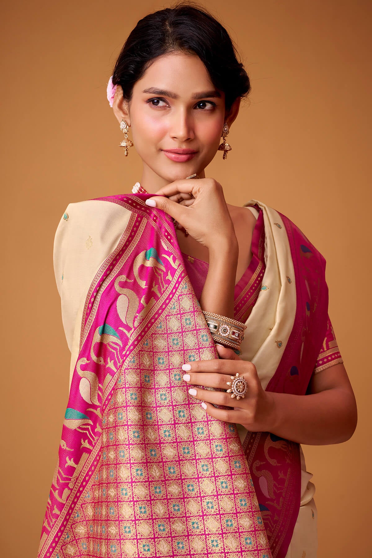 Classic Beige Banarasi Satin Silk Saree With Captivating Blouse - Image 4