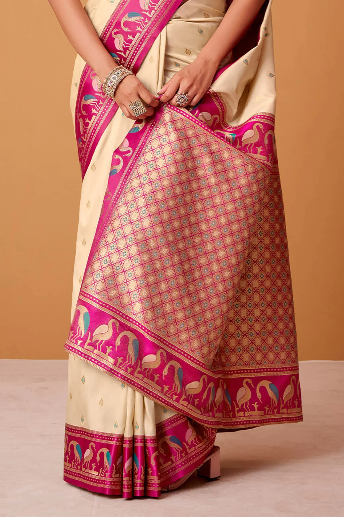 Classic Beige Banarasi Satin Silk Saree With Captivating Blouse - Image 5