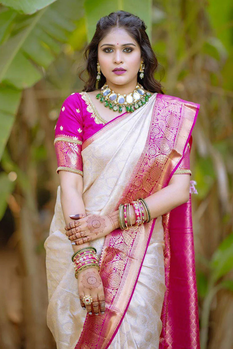 Classic Beige Soft Banarasi Silk Saree With Desultory Blouse Piece - Image 3