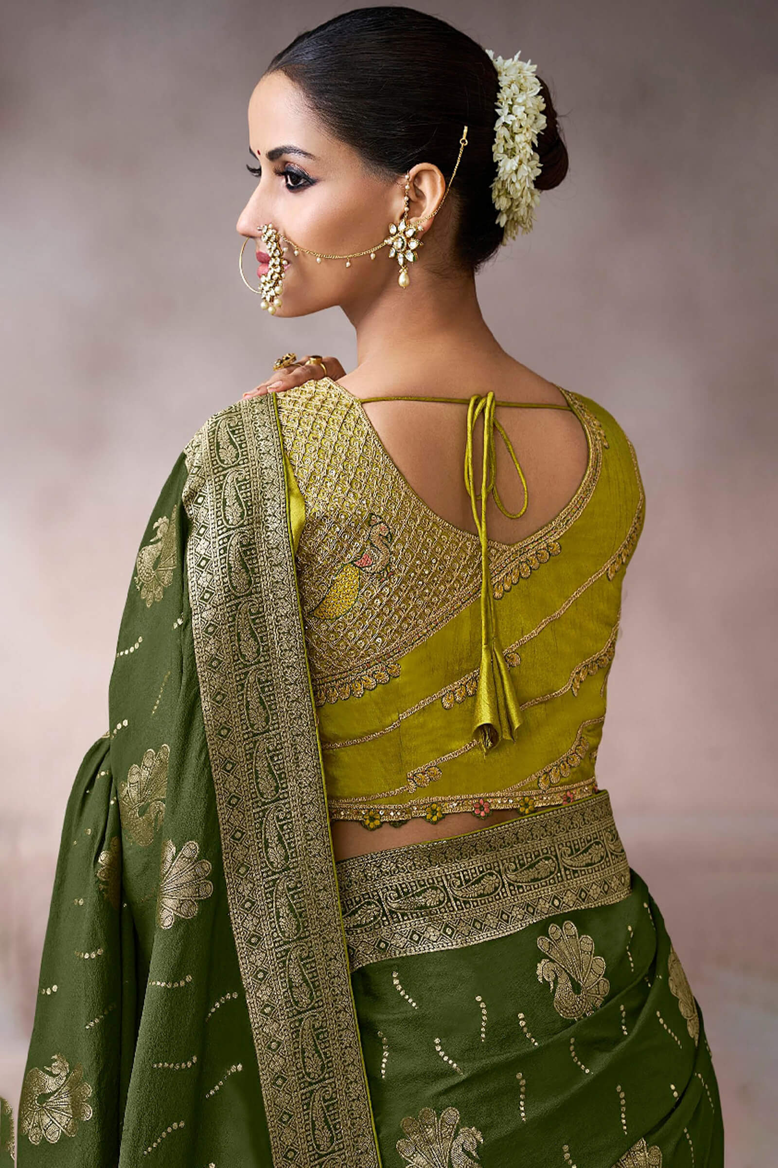 Classic Dark Green Banarasi Satin Silk Saree With Mesmeric Blouse - Image 3