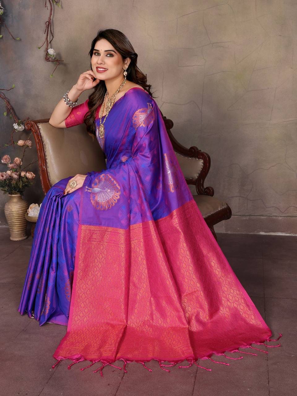 Classic Purple Soft Banarasi Silk Saree With Eclat Blouse Piece - Image 3