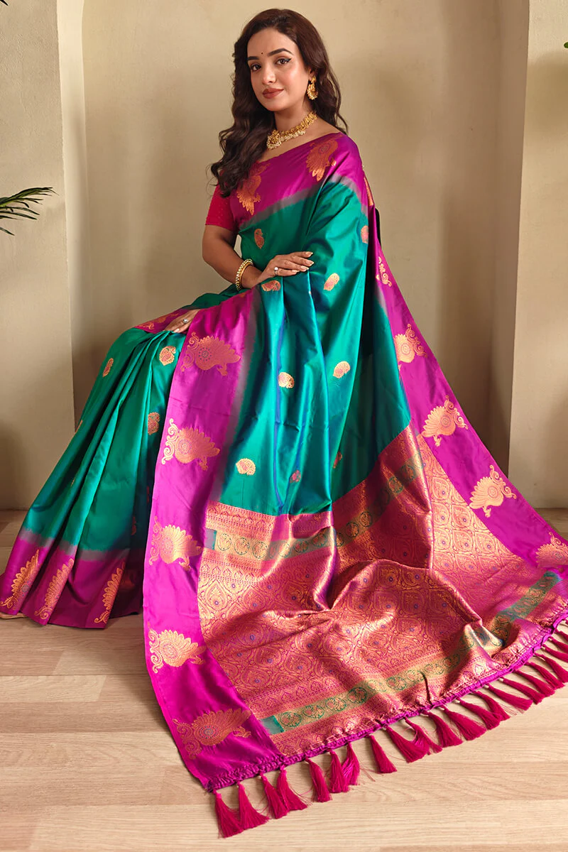 Classic Rama Soft Banarasi Silk Saree With Ethnic Blouse Piece - Image 2