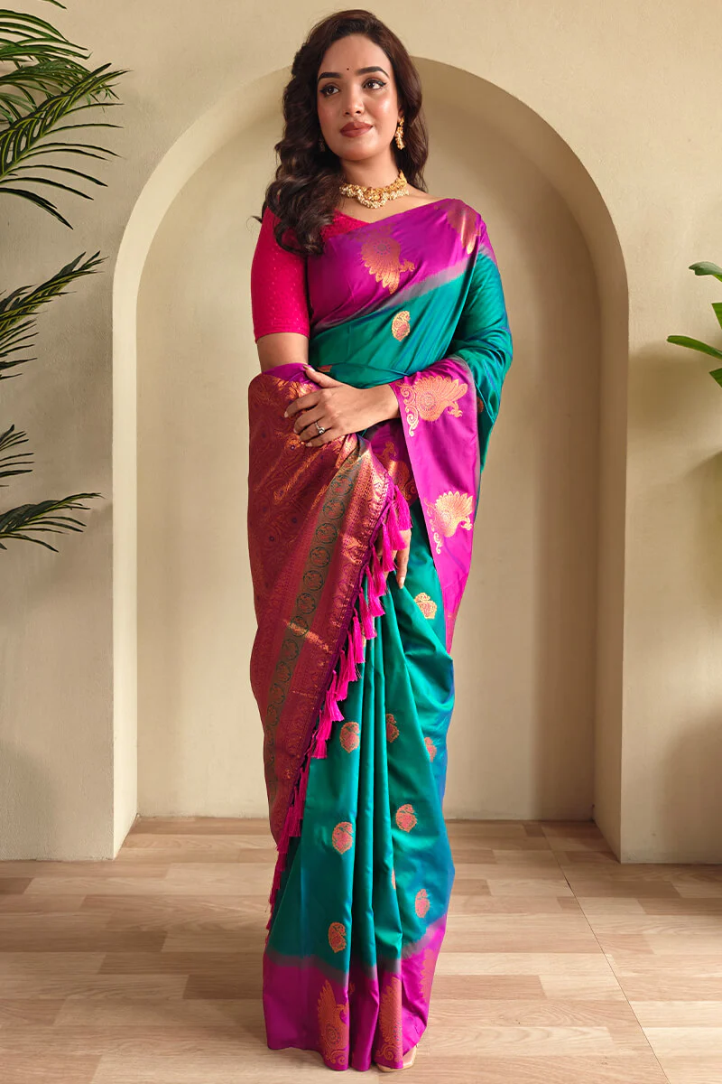 Classic Rama Soft Banarasi Silk Saree With Ethnic Blouse Piece - Image 3