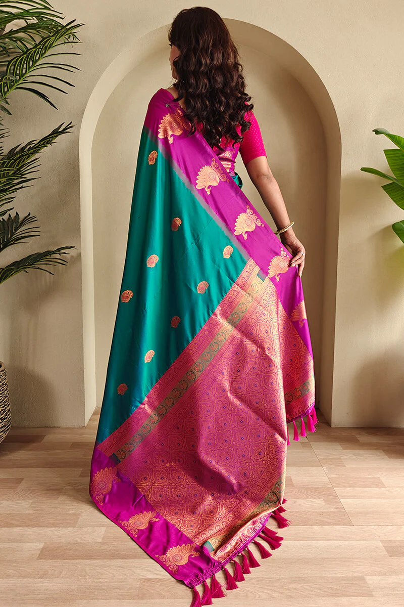 Classic Rama Soft Banarasi Silk Saree With Ethnic Blouse Piece - Image 4
