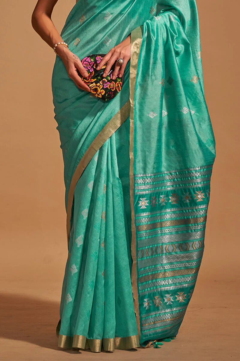 Classic Sea Green Soft Banarasi Silk Saree With Bewitching Blouse Piece - Image 3