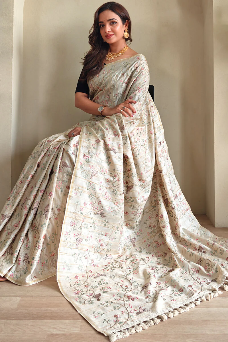 Classy Beige Embroidery Work Tussar Silk Saree With Staring Blouse Piece - Image 2