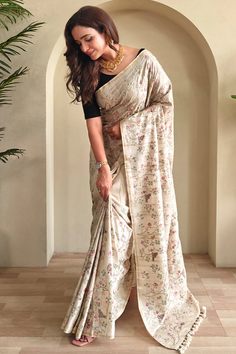 Classy Beige Embroidery Work Tussar Silk Saree With Staring Blouse Piece - Image 4