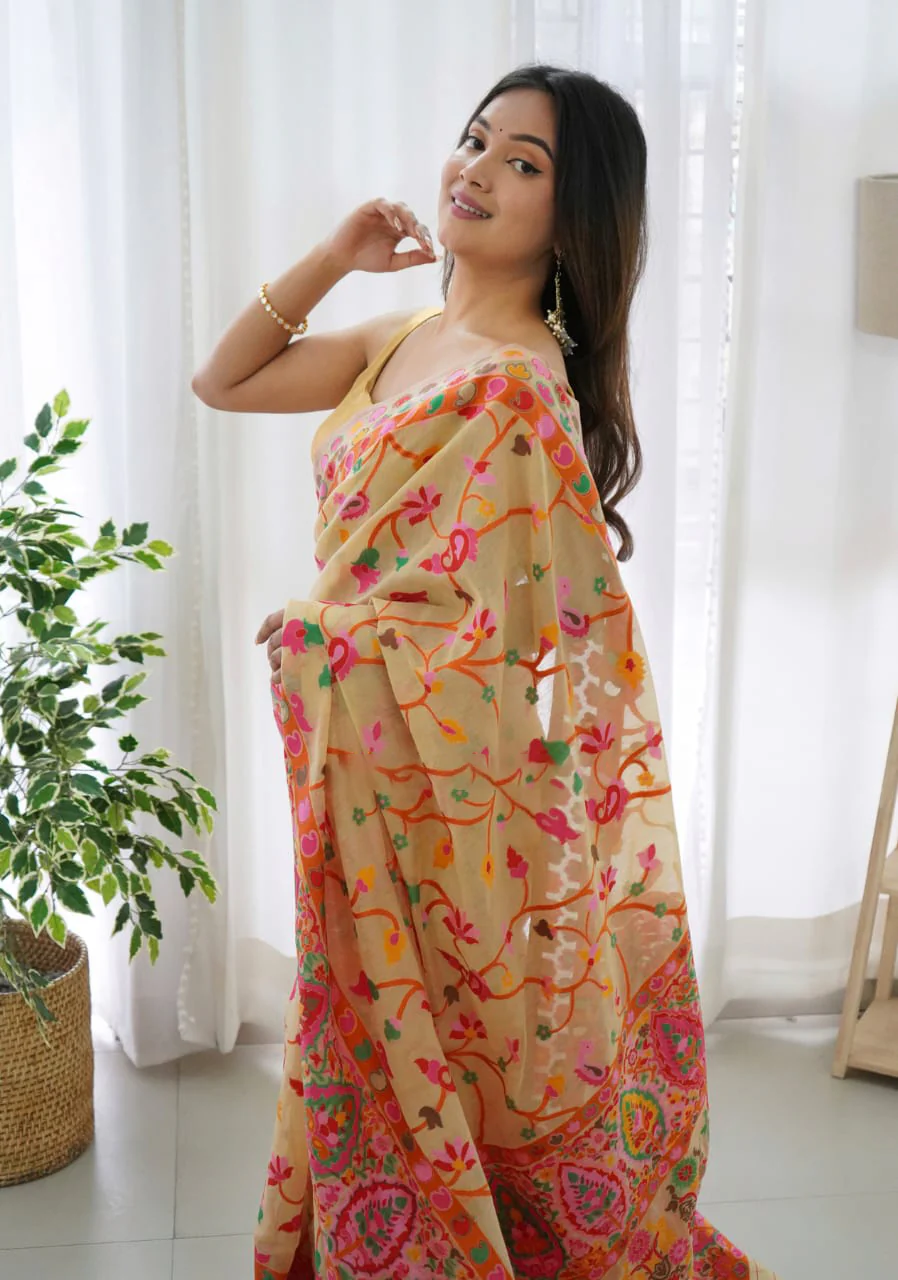 Classy Beige Pashmina saree With Gleaming Blouse Piece - Image 3