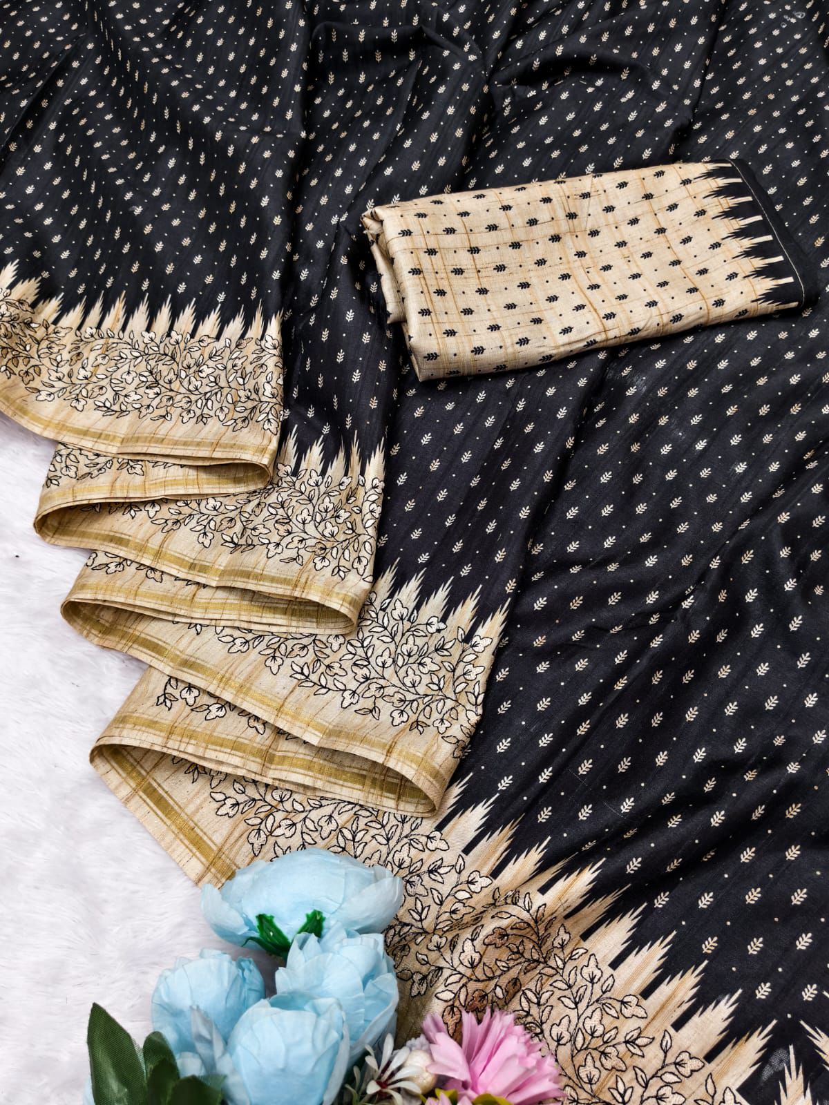 Classy Black Embroidery Work Tussar Silk Saree With Brood Blouse Piece - Image 4