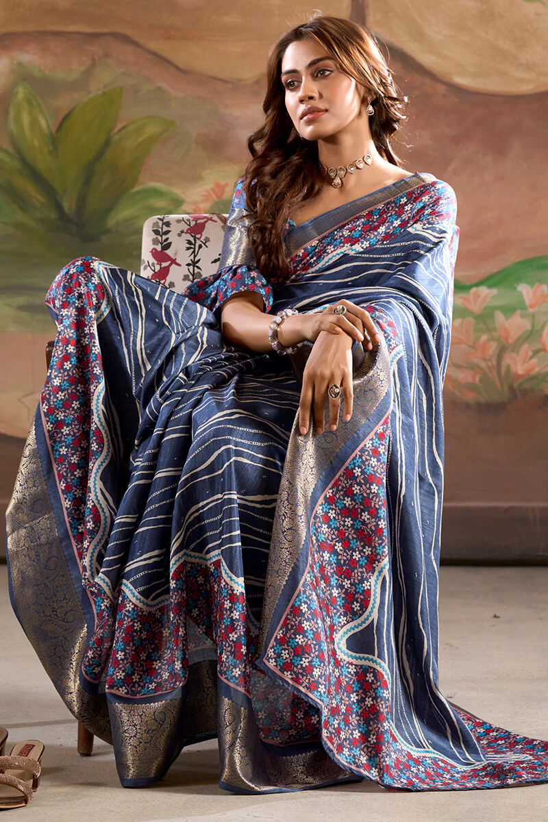 Classy Blue Digital Printed Dola Silk Saree With Fancifull Blouse Piece - Image 3