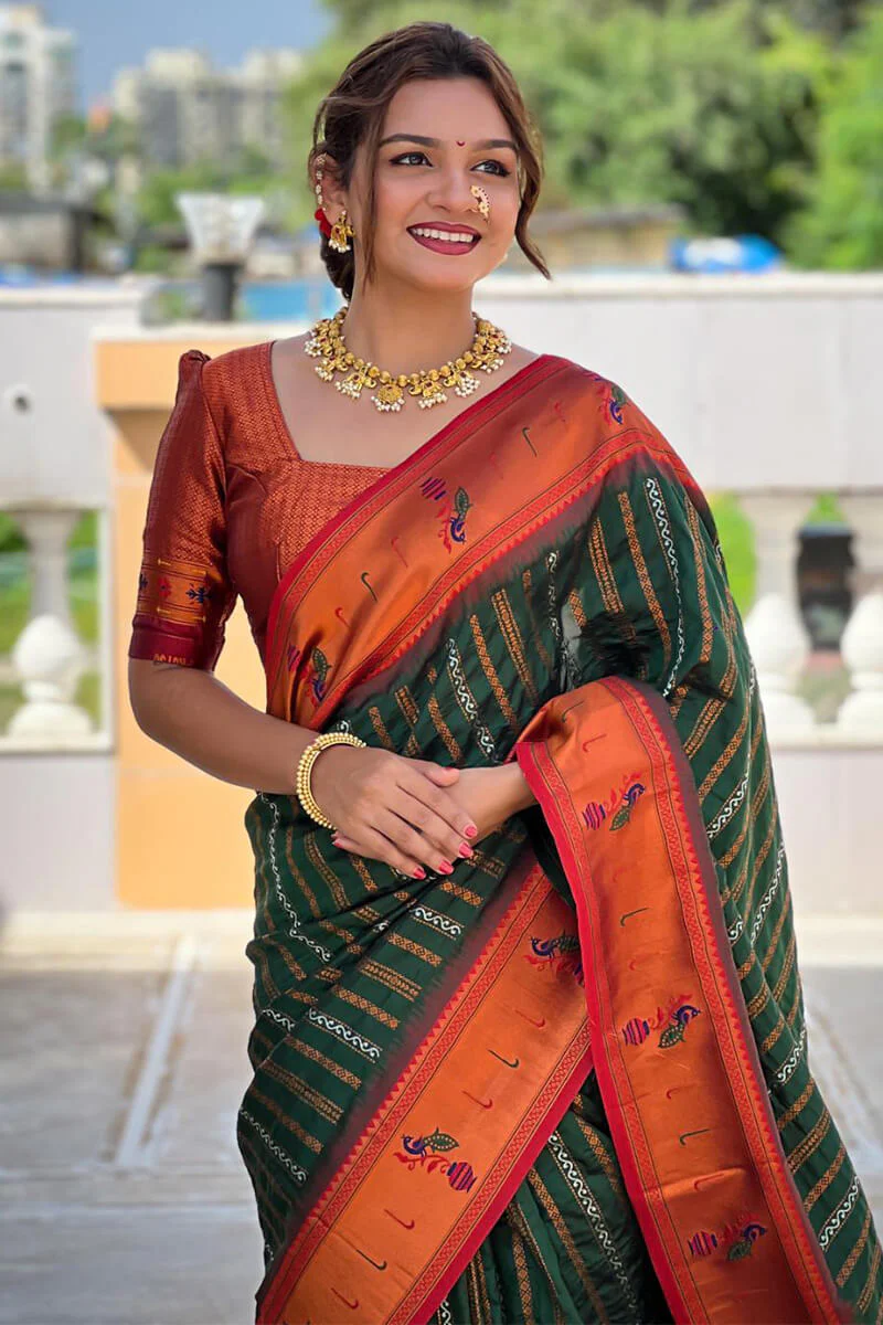Classy Dark Green Paithani Silk Saree With Adorning Blouse Piece - Image 2