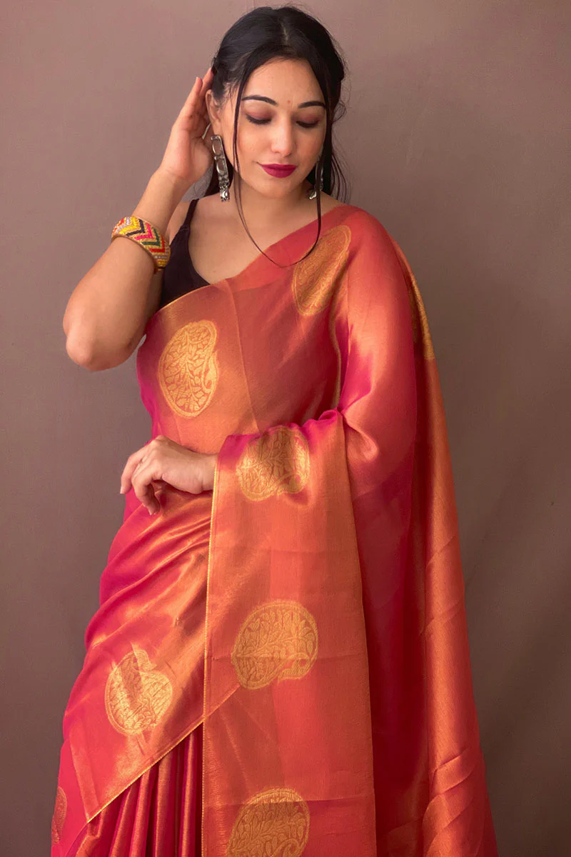 Classy Dark Pink Soft Banarasi Tissue Silk Saree With Gleaming Blouse Piece - Image 2