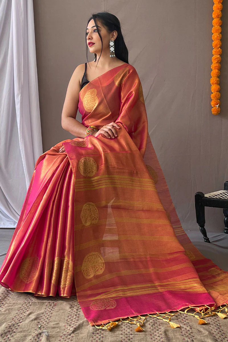 Classy Dark Pink Soft Banarasi Tissue Silk Saree With Gleaming Blouse Piece - Image 3
