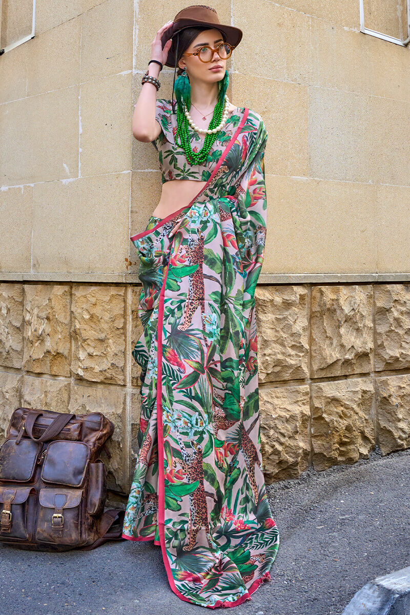 Classy Green Digital Printed Satin Silk Saree With Mesmerising Blouse Piece - Image 3