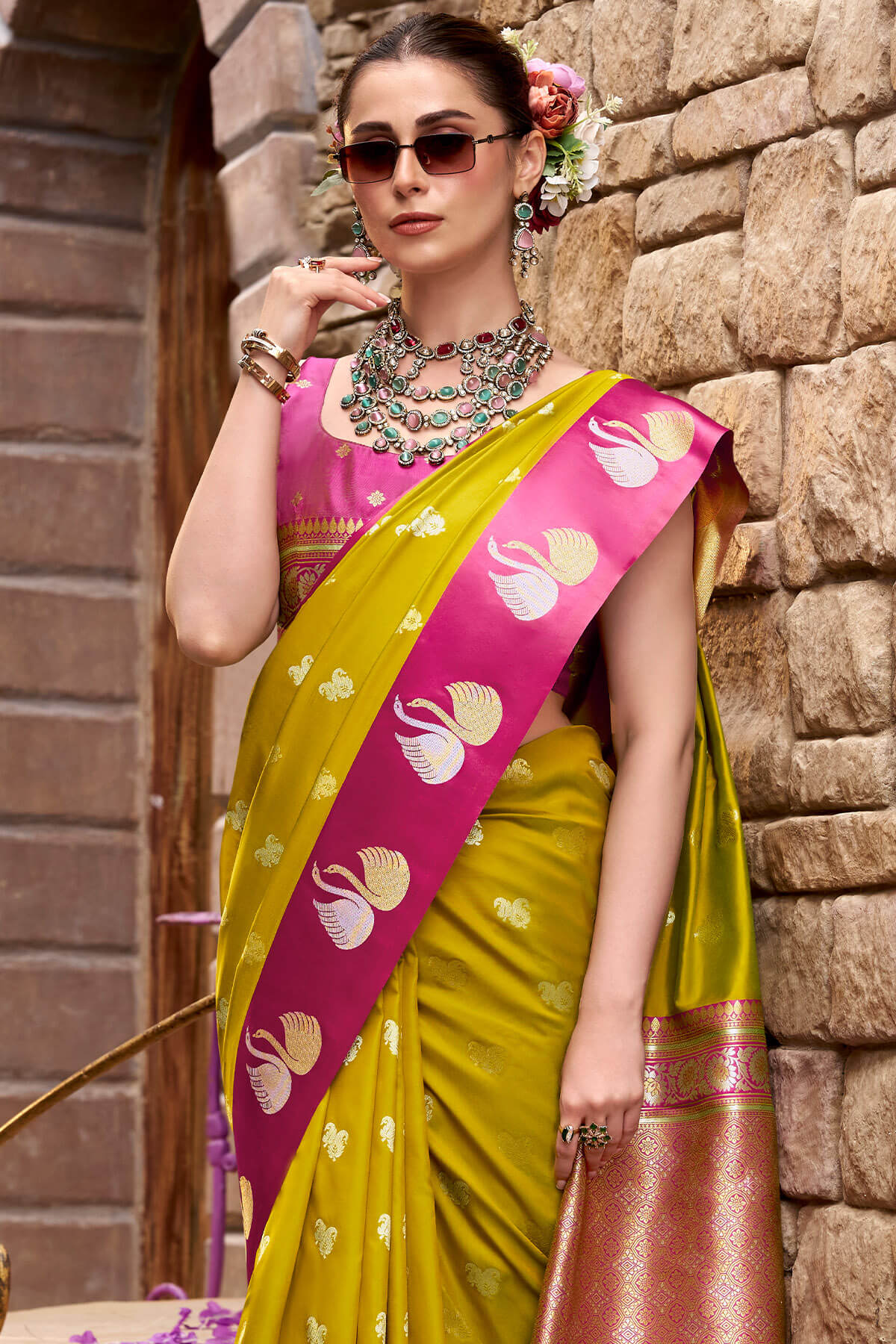 Classy Mustard Banarasi Satin Silk Saree With Unequalled Blouse - Image 2