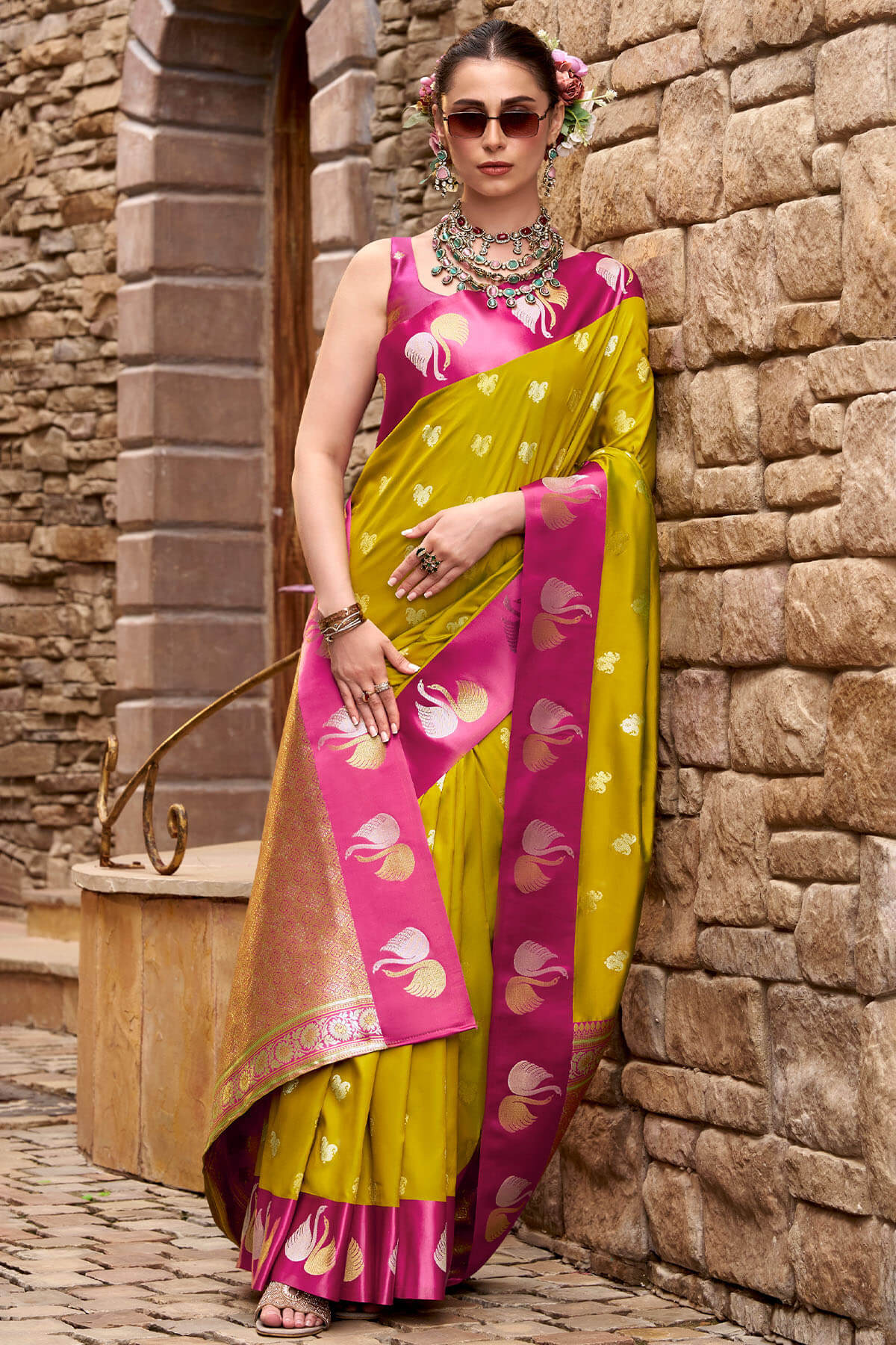 Classy Mustard Banarasi Satin Silk Saree With Unequalled Blouse - Image 3