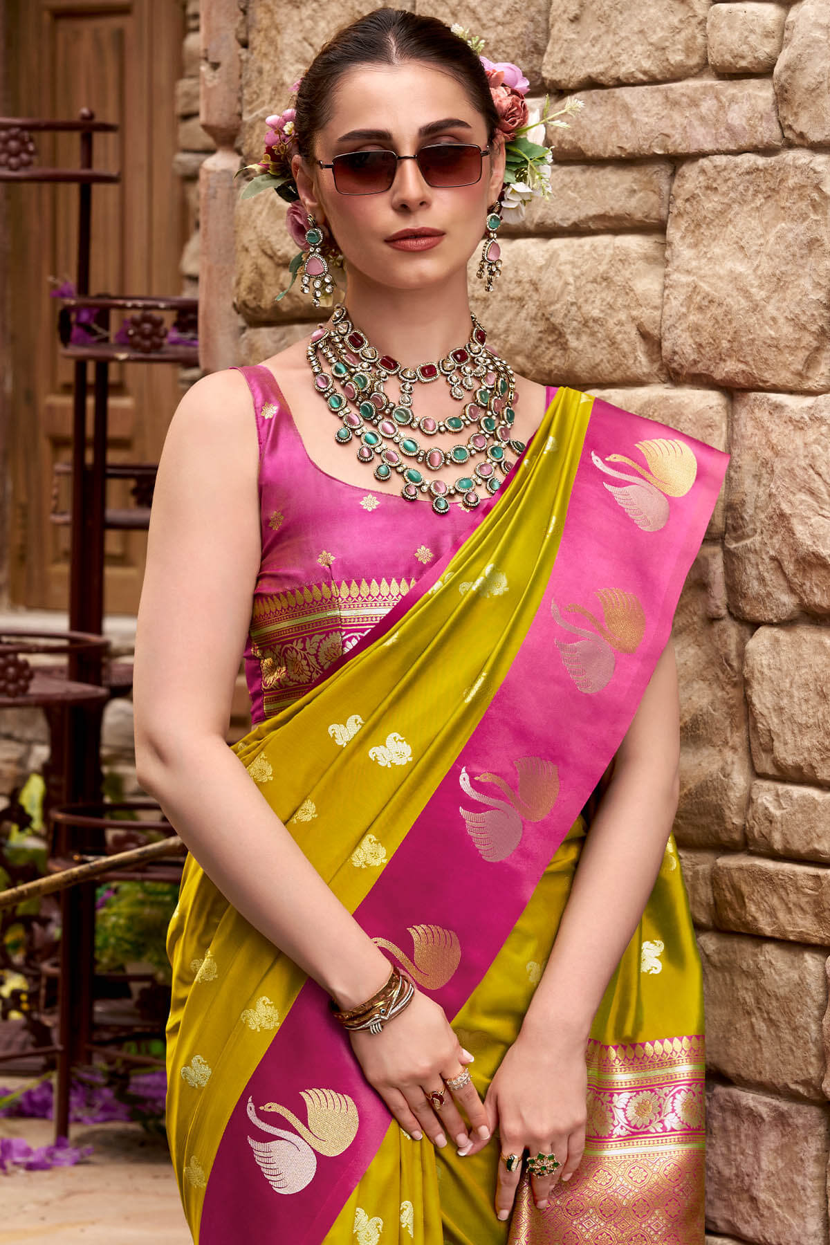 Classy Mustard Banarasi Satin Silk Saree With Unequalled Blouse - Image 4