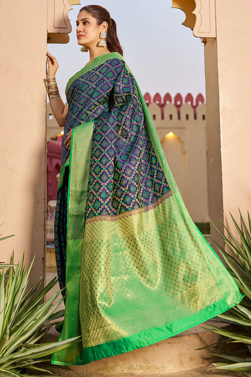 Classy Navy Blue Patola Silk Saree with Marvellous Blouse Piece - Image 5