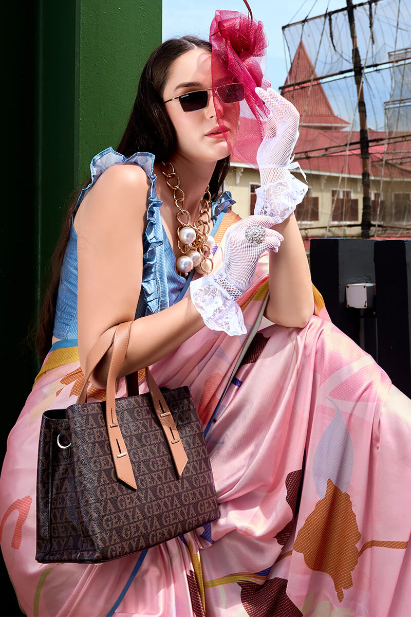 Classy Pink Digital Printed Satin Silk Saree With Skinny Blouse Piece - Image 2