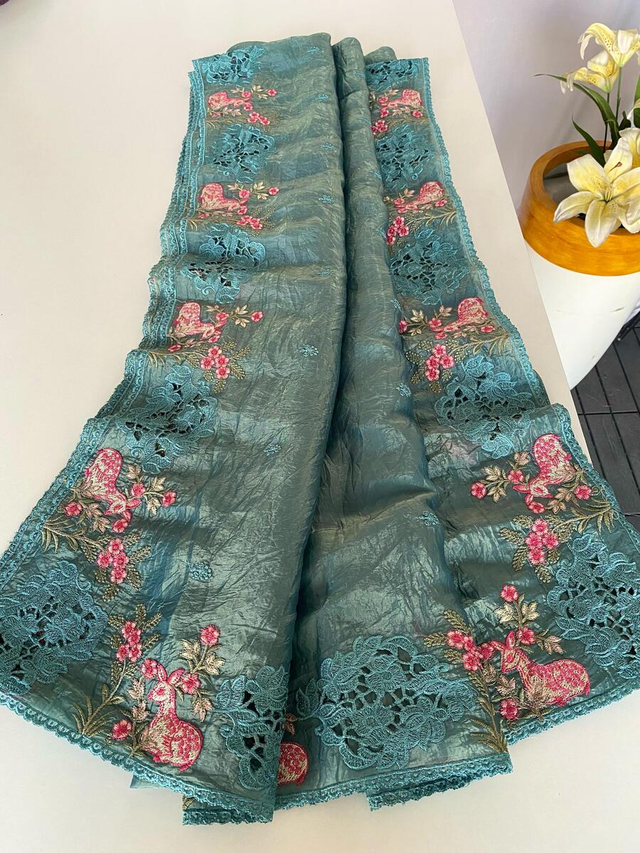 Classy Rama Embroidery Work Crush Silk Saree With Pleasant Blouse Piece