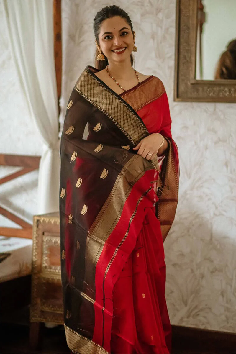 Classy Red Cotton Silk Saree With Designer Blouse Piece - Image 3