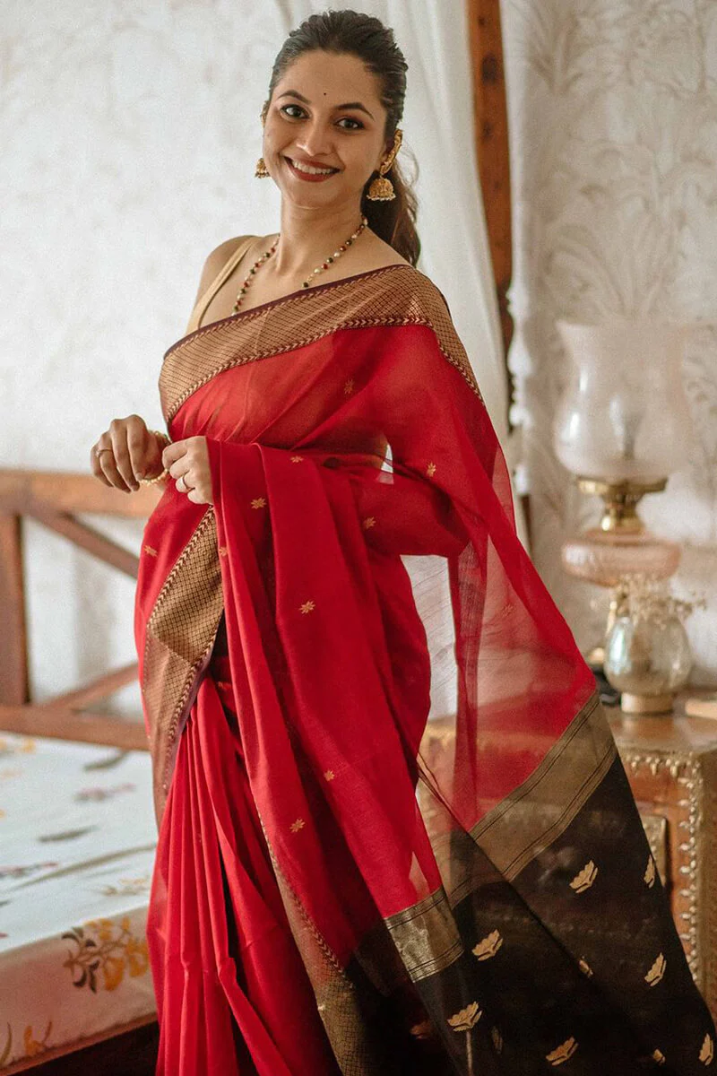 Classy Red Cotton Silk Saree With Designer Blouse Piece - Image 6