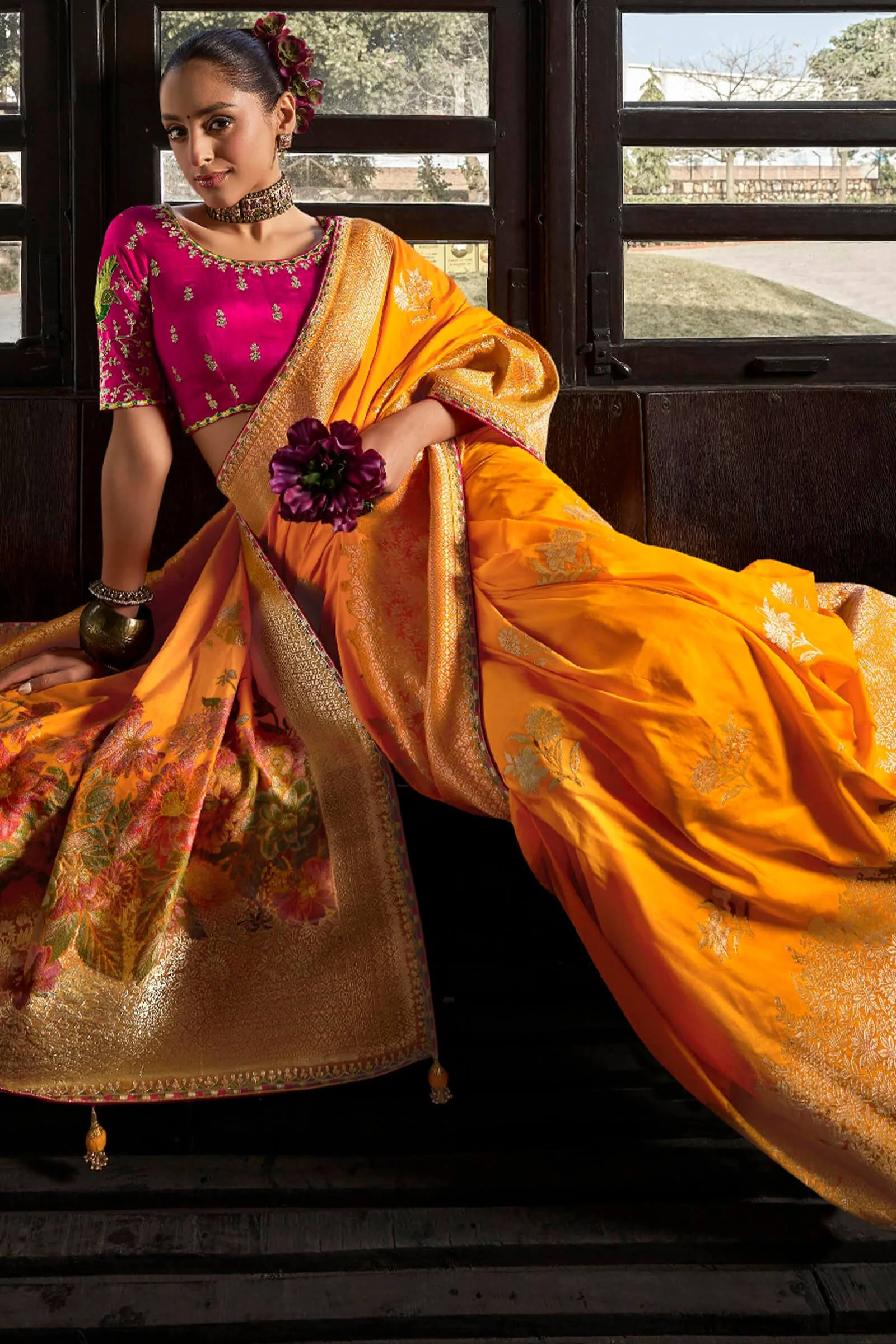 Classy Yellow Pure Viscose Dola Silk Saree With Super classy Blouse Piece - Image 3