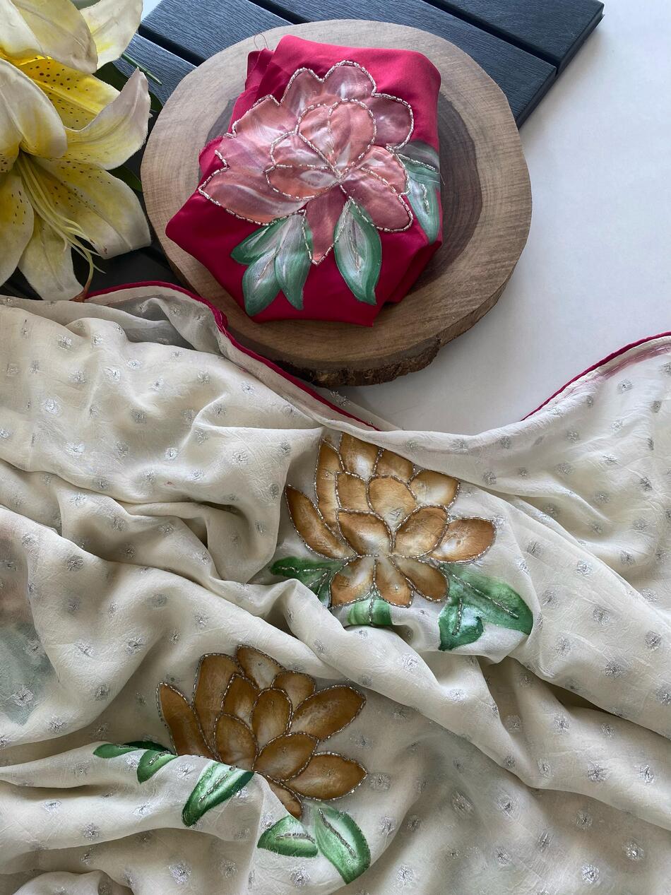 Comely Beige Handwork Crush Chiffon Silk Saree With Eloquence Blouse Piece - Image 4