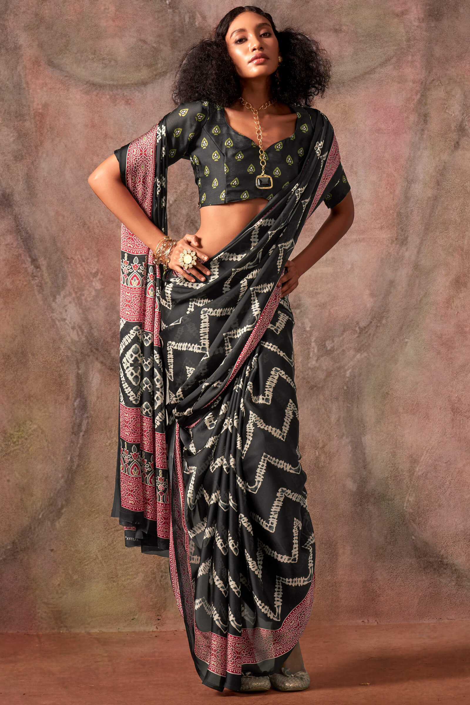 Comely Black Ajrakh Printed Satin Silk Saree With Demanding Blouse Piece - Image 2