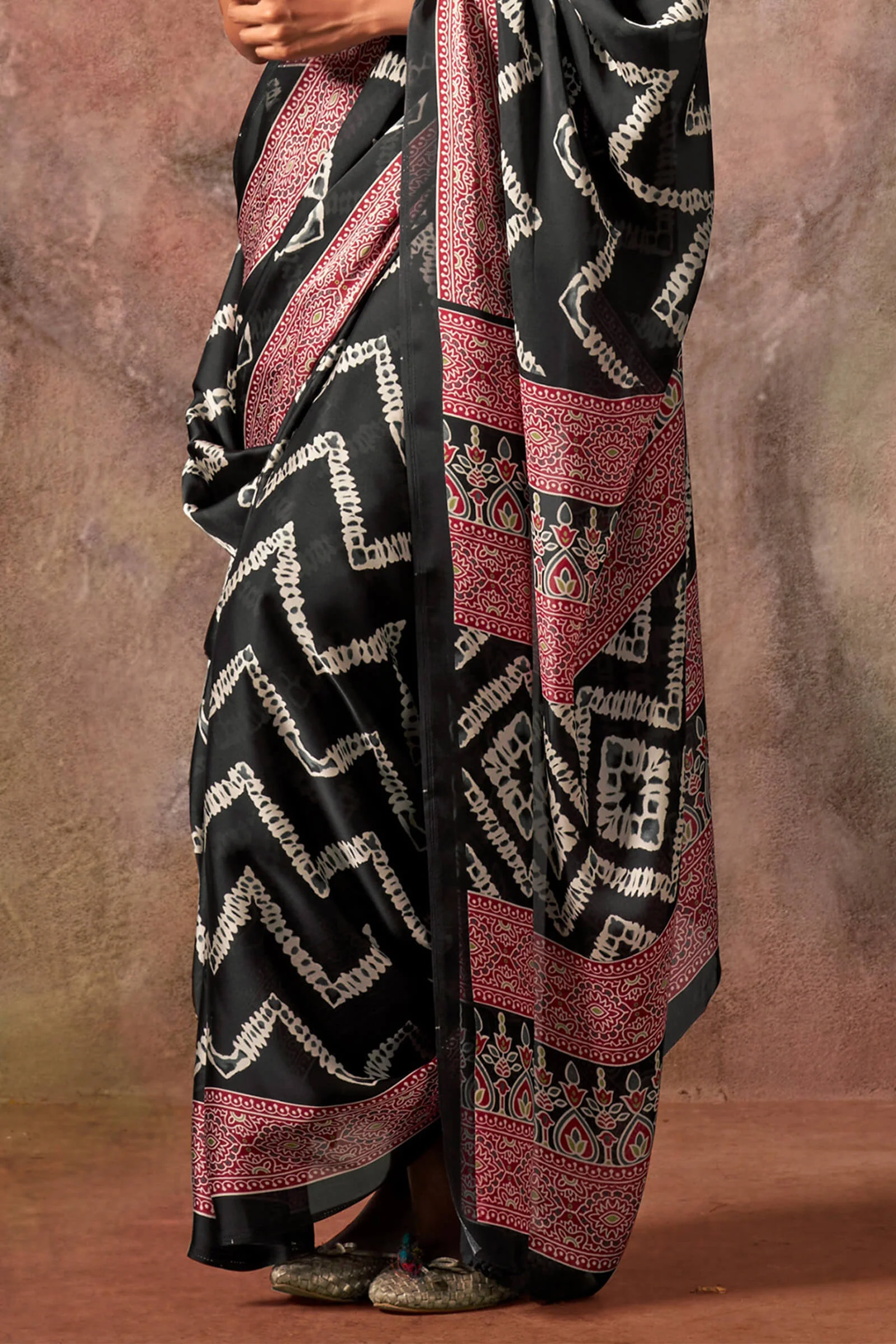 Comely Black Ajrakh Printed Satin Silk Saree With Demanding Blouse Piece - Image 3