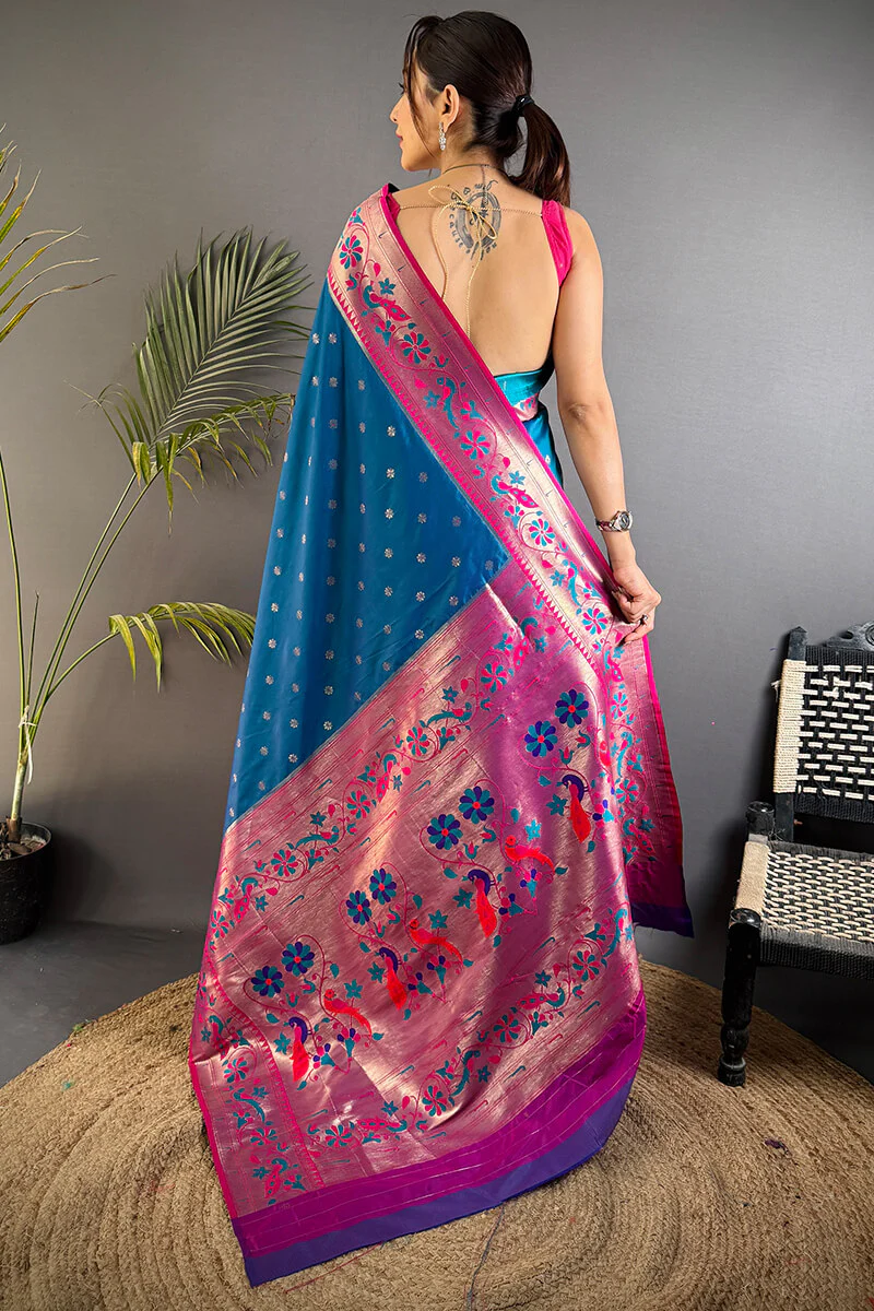 Comely Blue Paithani Silk Saree With Enigmatic Blouse Piece - Image 4