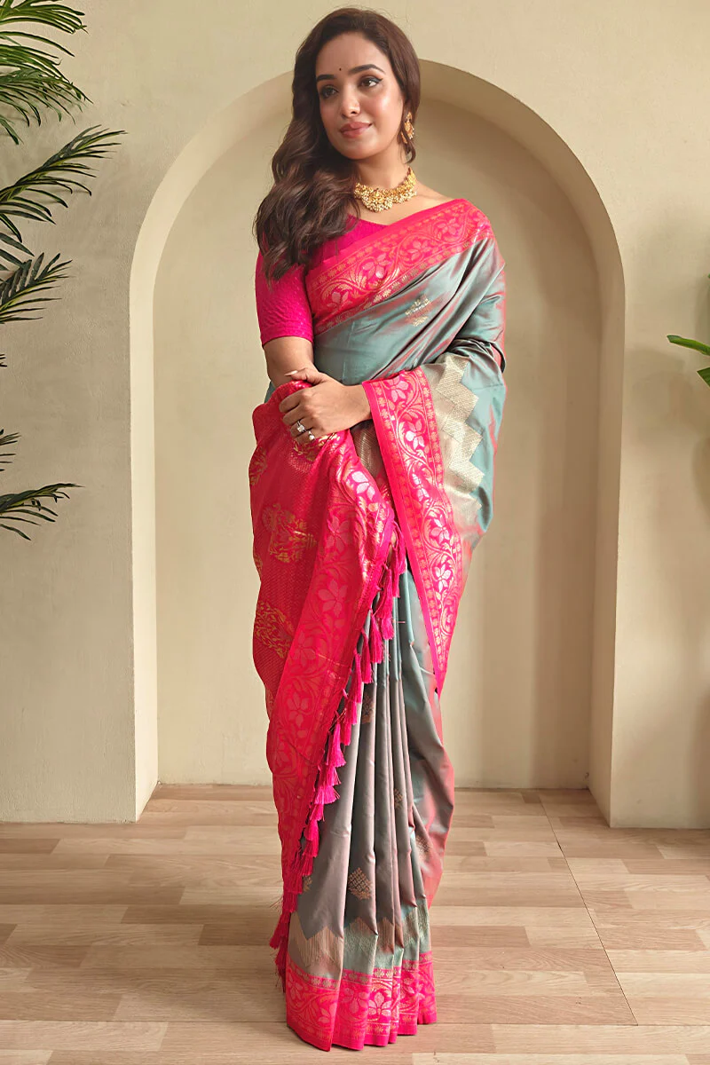 Comely Grey Soft Banarasi Silk Saree With Cynosure Blouse Piece - Image 2