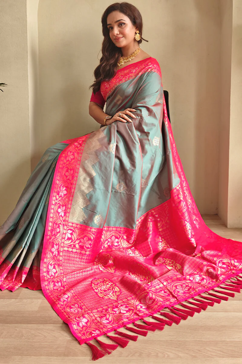 Comely Grey Soft Banarasi Silk Saree With Cynosure Blouse Piece - Image 4